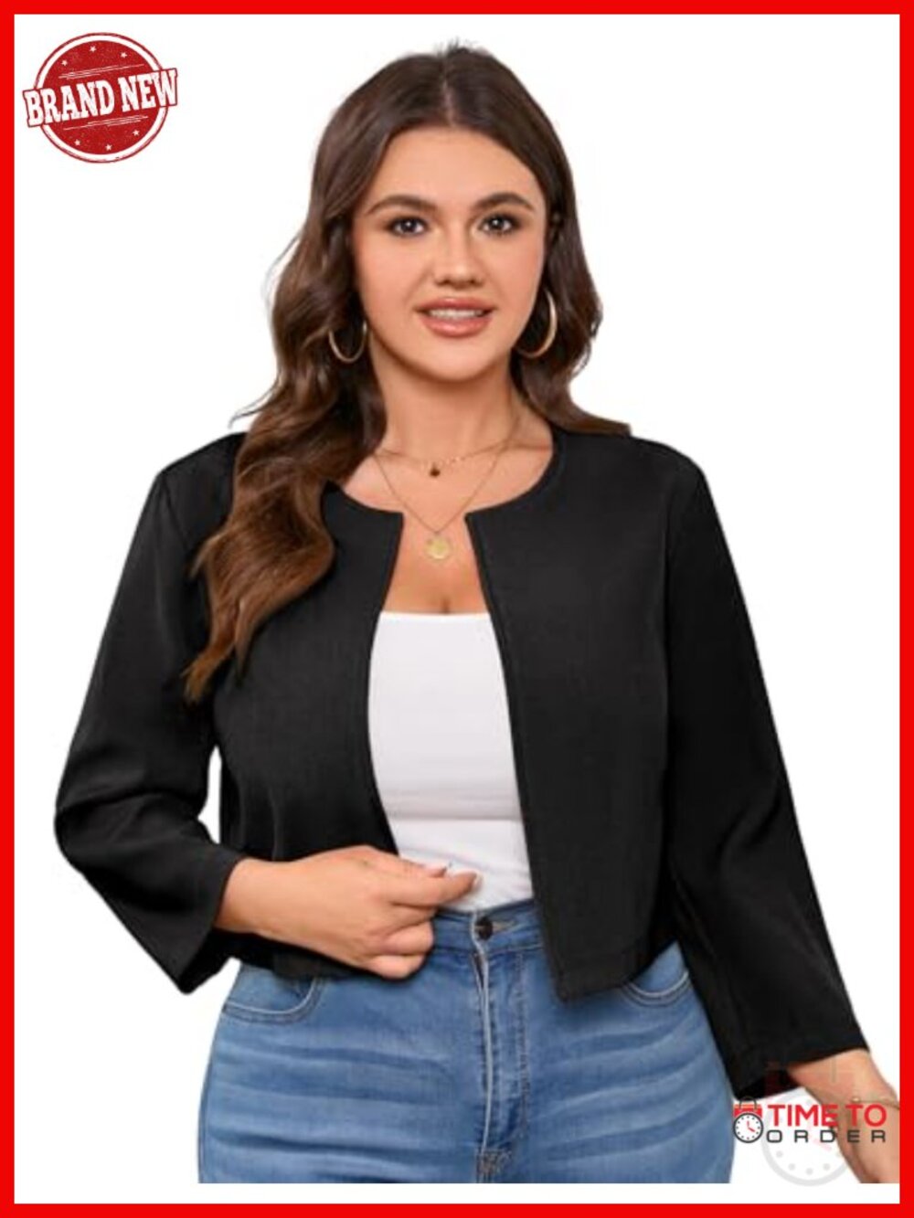 Plus Size Cropped Blazer Suit Jacket Lightweight 3/4 Sleeve Open Front Business